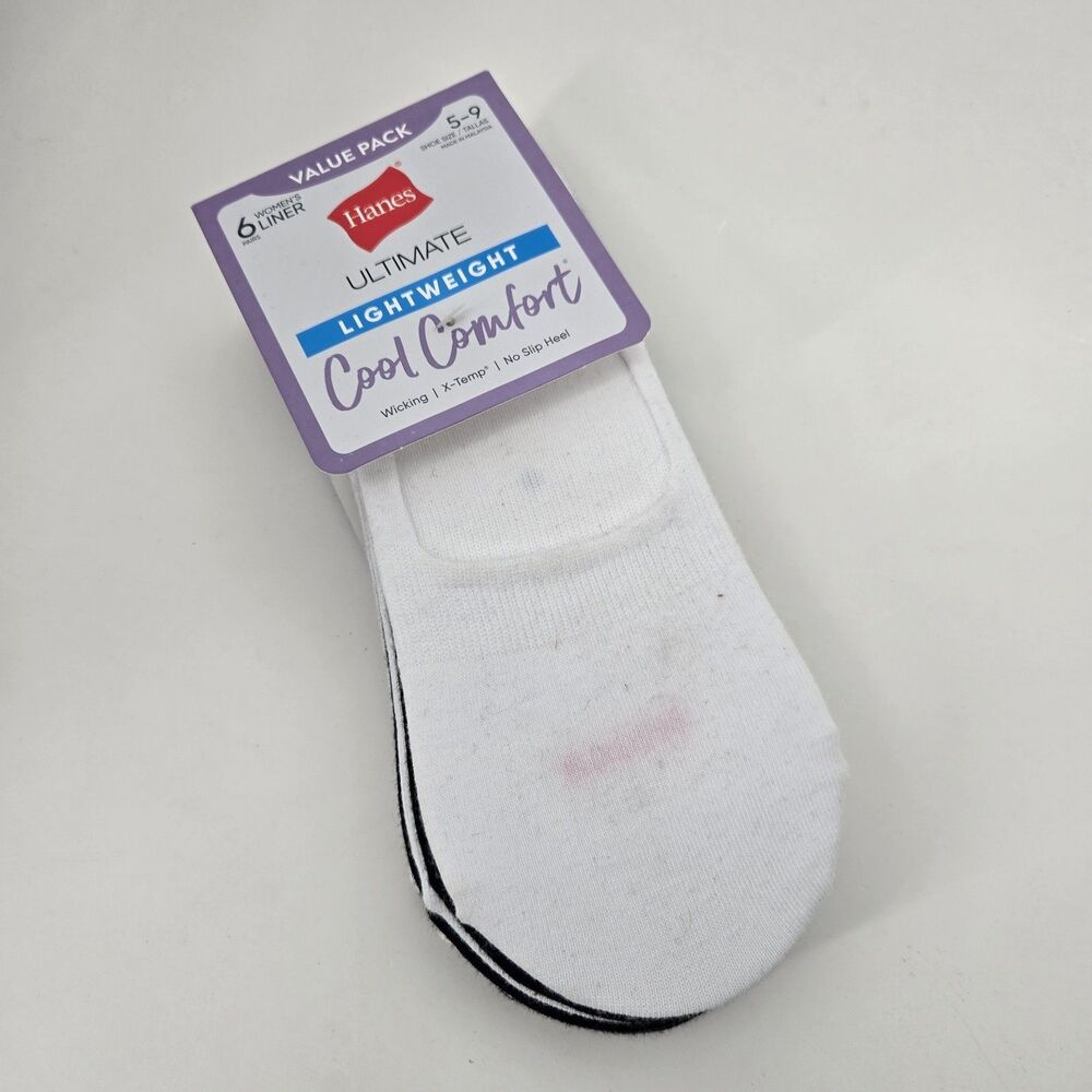 Hanes White Black Ultimate Cool Comfort Lightweight 6pk Liner Socks Womens‎ 5-9